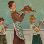 Illustration of Mother and Children Carrying Thanksgiving Dinner by Douglass Crockwell